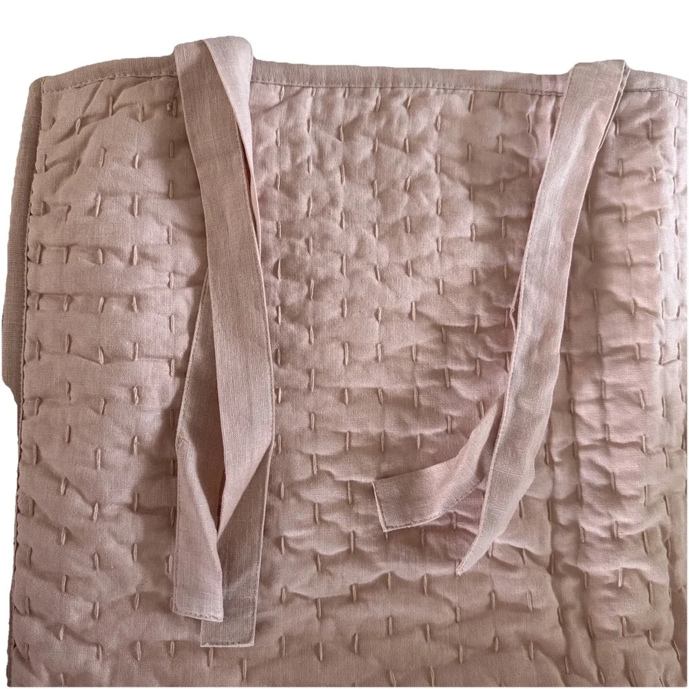 Pottery Barn King Pick Stitch Quilted Pink Sand Pillow Sham Linen Cotton Tie 36